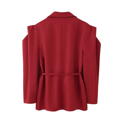 HH Woman's 2025 Autumn Fashion Long Sleeve Lapel Wide Shoulder Blazer Jacket Female Lace-up Single Buckle Exaggerated Coat