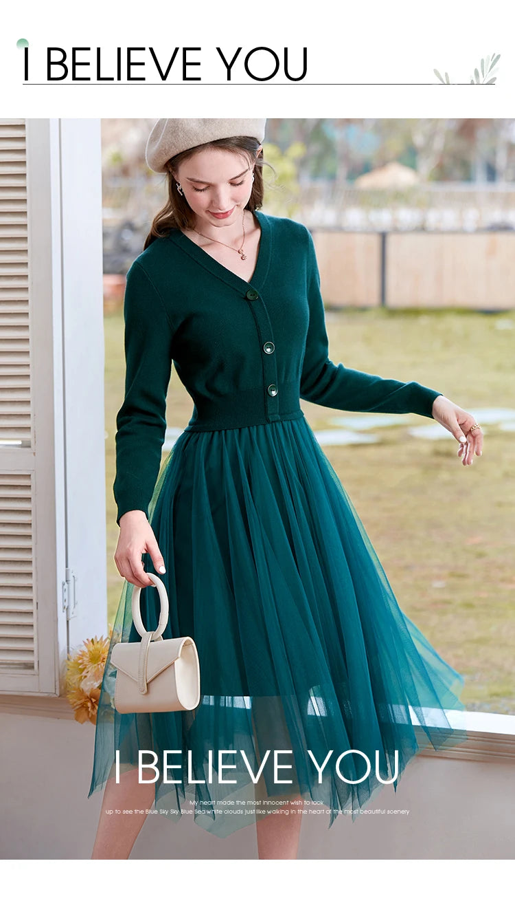 I BELIEVE YOU Dresses for Women 2025 Spring Retro V-neck Pullover Knitted Long Sleeve Patchwork Gauze Woman Clothes 2214133903