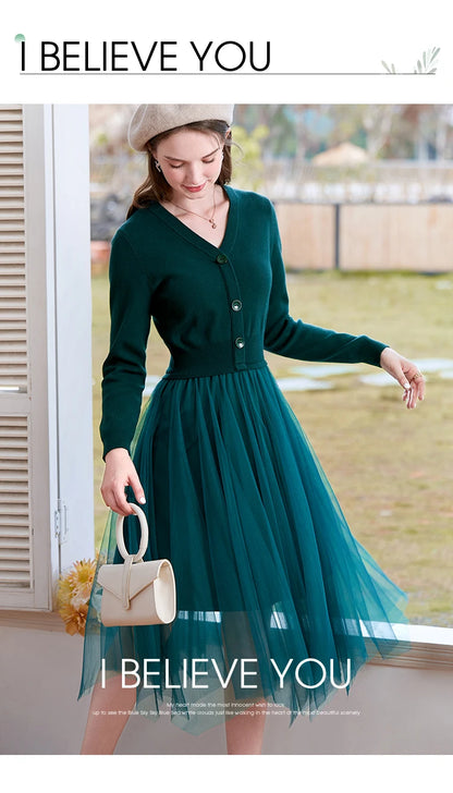 I BELIEVE YOU Dresses for Women 2025 Spring Retro V-neck Pullover Knitted Long Sleeve Patchwork Gauze Woman Clothes 2214133903