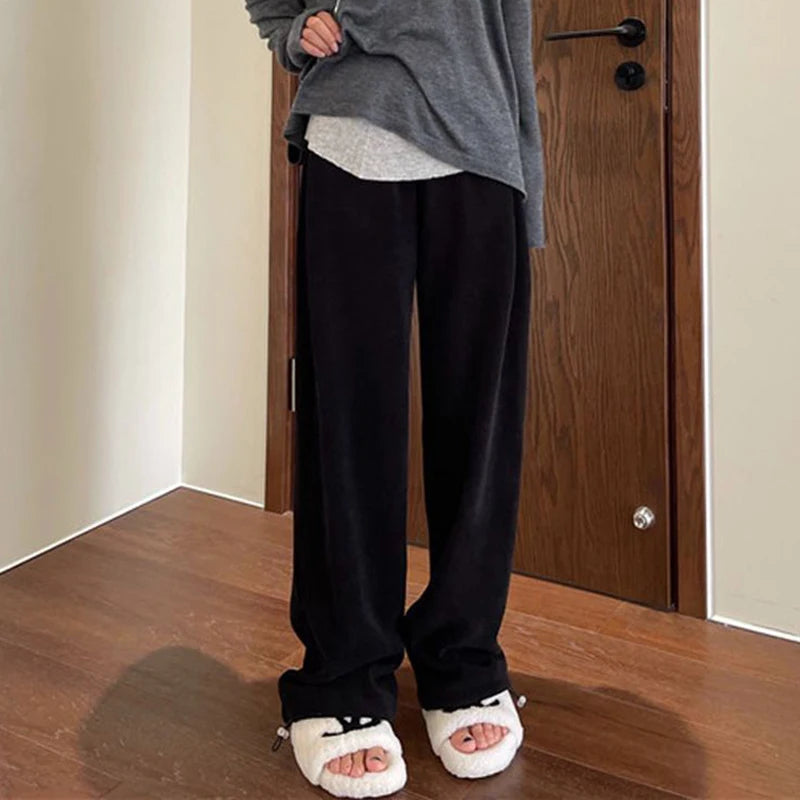Winter Warm Thicken Trousers Women Fleece Inside Casual Wide Leg Pants Woman Casual Soild Color Straight Sports Pants Female