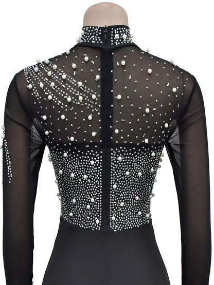 Beyprern Women's Sheer Mesh Crystal Jumpsuits One Piece Outfits Glam Fitted Long Sleeve Pearls Rhinestone Rompers Club Overalls