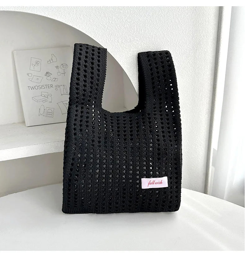 Handmade Knit Handbag Women Mini Knot Wrist-bag Female Casual Color Wide Stripe Plaid Tote Bag Student Reusable Shopping Bag