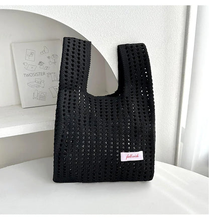 Handmade Knit Handbag Women Mini Knot Wrist-bag Female Casual Color Wide Stripe Plaid Tote Bag Student Reusable Shopping Bag