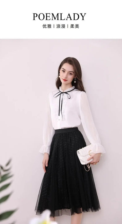 Women's Clothing Long-sleeved Chiffon Shirt Stand-up Collar French Tie High-end New Style Shirt Lace-up Top