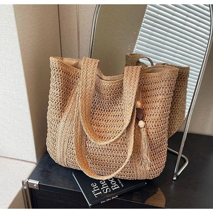 Straw Woven Shoulder Bags for Women Summer Beach Handbag with Tassel Female Fashion Handbag in Khaki Beige