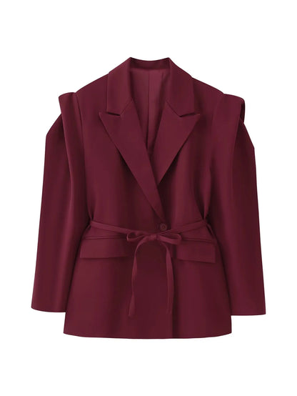 HH Woman's 2025 Autumn Fashion Long Sleeve Lapel Wide Shoulder Blazer Jacket Female Lace-up Single Buckle Exaggerated Coat