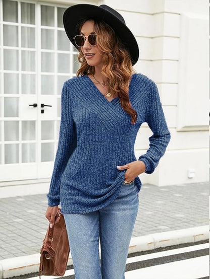 Woman Clothes V Neck Ribbed Knit Sweater Long Sleeve Loose Fit Casual Pullover Tops with Multiple Colors