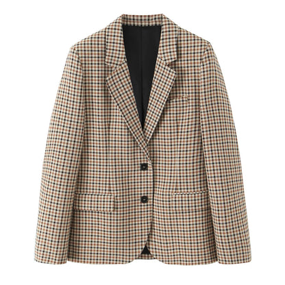 Woman Office Lady Suit Plaid Jacket Chic Autumn Khaki Plaid WomanSingle Breasted Blazer+Straight Long Pants Vintage Fashion