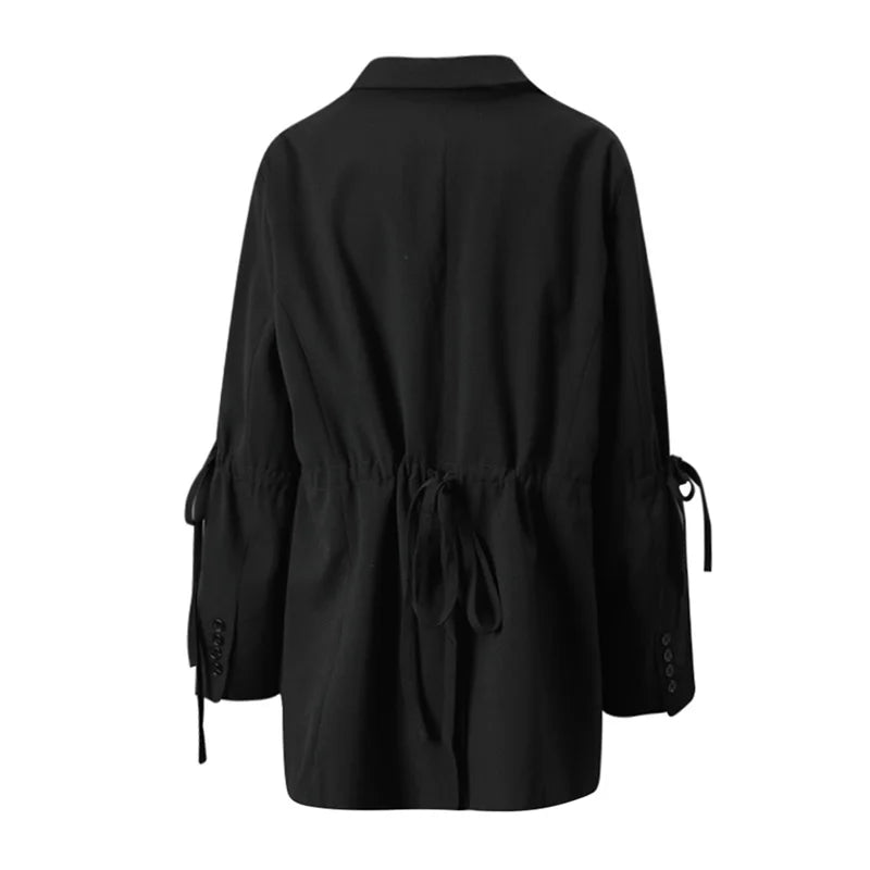Women's Black Blazer Top with Bell Sleeves Bow Tie Cuffs Elegant Lapel Casual Jacket Drawstring Waist Loose Fit Office Outerwear