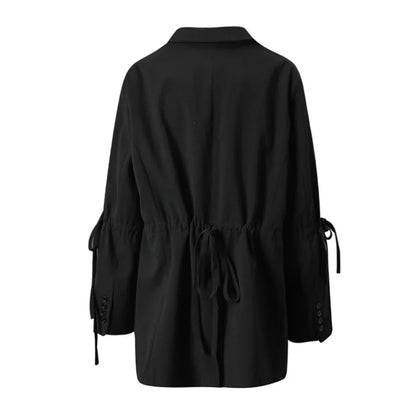 Women's Black Blazer Top with Bell Sleeves Bow Tie Cuffs Elegant Lapel Casual Jacket Drawstring Waist Loose Fit Office Outerwear