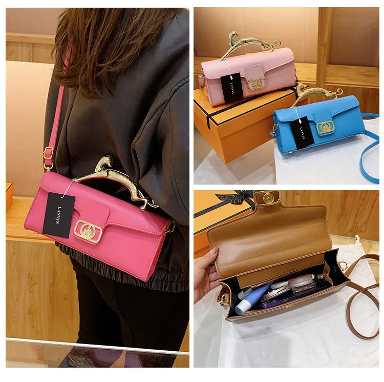 Women's Handbag New Bags For Women Metal Handle Leather Famous Brand Designer Crossbody Fashion Trend Shoulder Bag