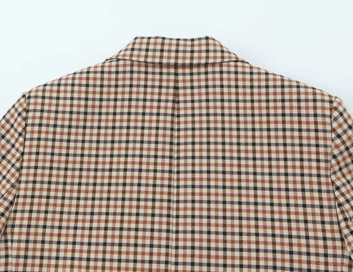 Woman Office Lady Suit Plaid Jacket Chic Autumn Khaki Plaid WomanSingle Breasted Blazer+Straight Long Pants Vintage Fashion