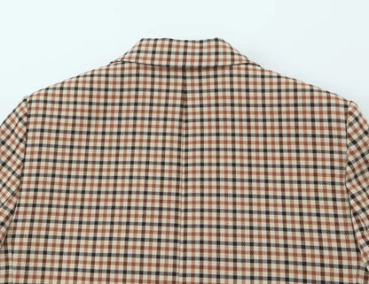 Woman Office Lady Suit Plaid Jacket Chic Autumn Khaki Plaid WomanSingle Breasted Blazer+Straight Long Pants Vintage Fashion