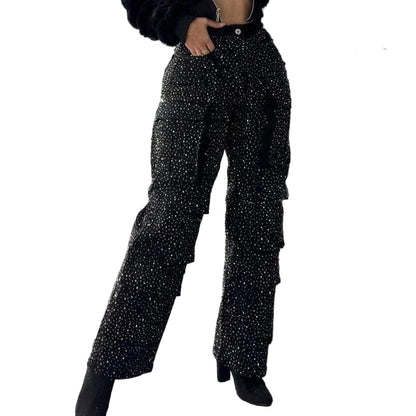 High-Waist Rhinestone Multi-Pocket Jeans
