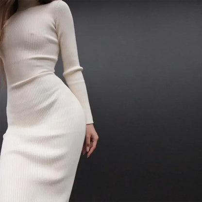 Women Knitted Dress Elegant Fashion White Turtleneck Bodycon Midi Dresses Female Autumn Winter Long Sleeve Slim Streetwear Dress