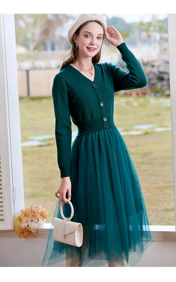 I BELIEVE YOU Dresses for Women 2025 Spring Retro V-neck Pullover Knitted Long Sleeve Patchwork Gauze Woman Clothes 2214133903