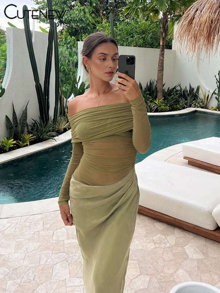 Cutenew Mesh Ruched Women Maxi Dress Sexy See Through Off Shoulder Long Sleeve Sheath Vestidos Female Midnight Party Solid Robe
