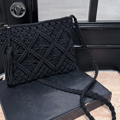 1pc Boho Chic Handwoven Shoulder Bag for Women,Handwoven Cotton with Zipper & Tassel Details,Beach Bag,for Travel,Casual Outings