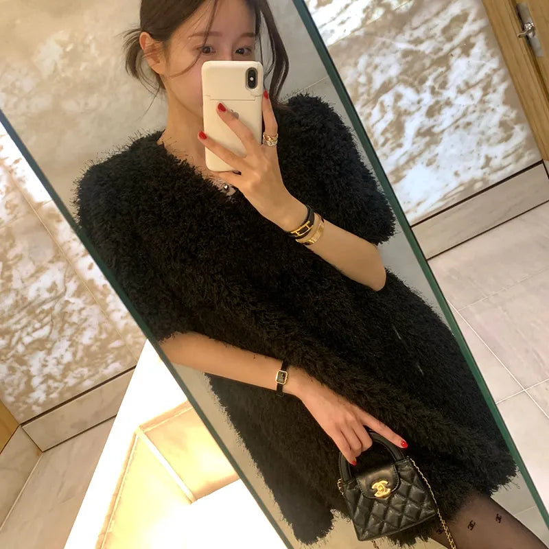 Clothland Women Elegant White Black Fur Dress V Neck Short Sleeve A Line Party Event Club Mini Dresses Vestido QD305