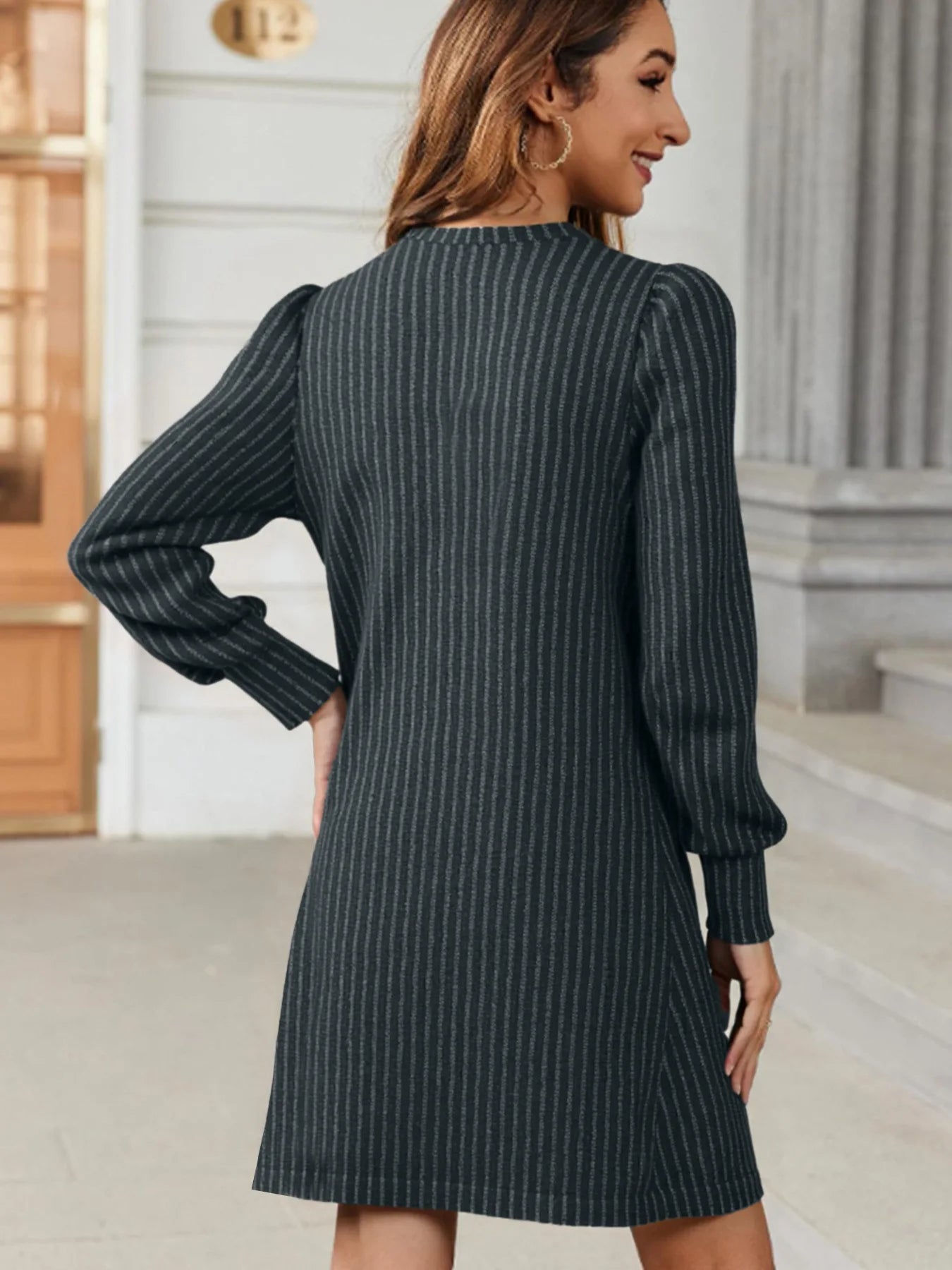 Elegant Dresses for Woman Ribbed Knit Sweater Dress Round Neck Puff Long Sleeves Casual Warm for Autumn and Winter