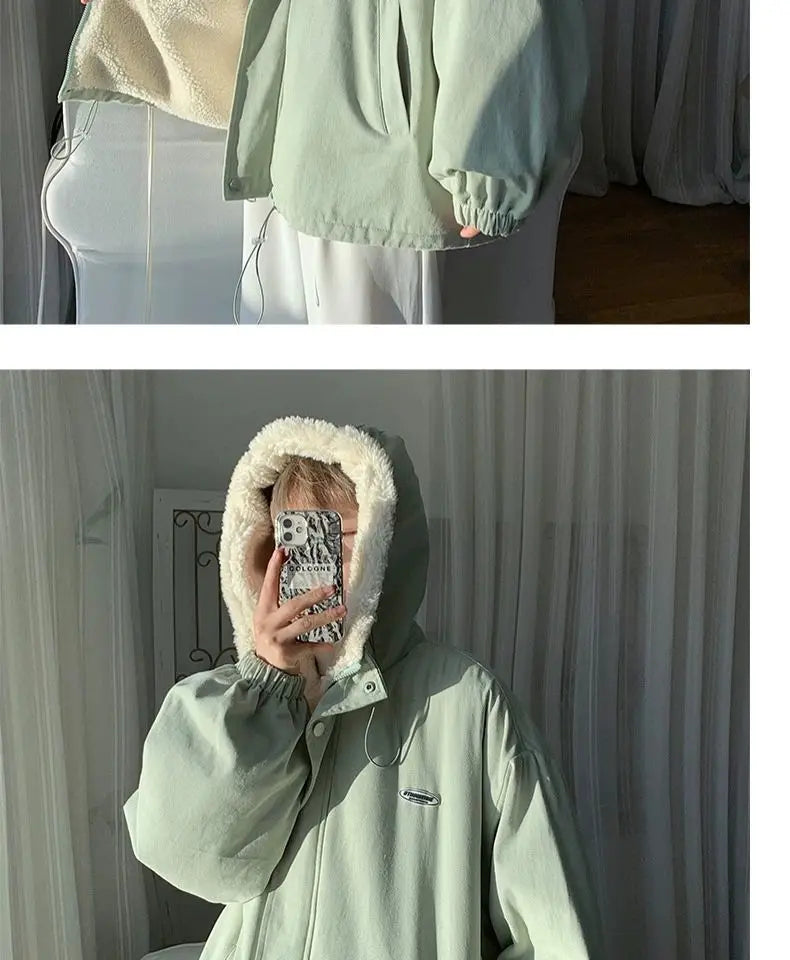 Lamb wool Jacket Women's 2025 Autumn winter New Korean version Loose Workwear Student cotton Jackets Female Hooded Warm Coat