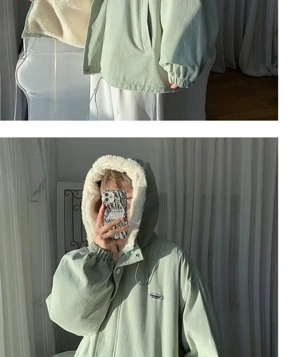 Lamb wool Jacket Women's 2025 Autumn winter New Korean version Loose Workwear Student cotton Jackets Female Hooded Warm Coat