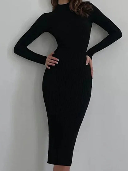 Women Knitted Dress Elegant Fashion White Turtleneck Bodycon Midi Dresses Female Autumn Winter Long Sleeve Slim Streetwear Dress