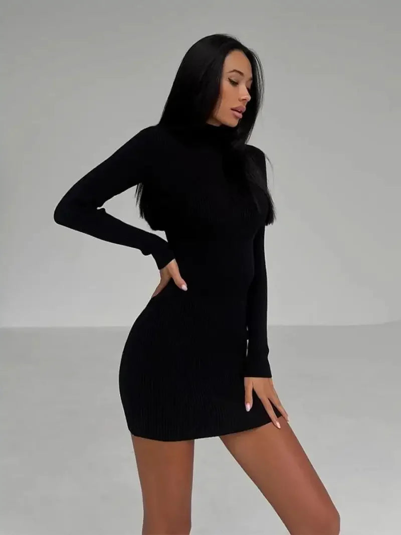 Women Knitted Dress Elegant Fashion White Turtleneck Bodycon Midi Dresses Female Autumn Winter Long Sleeve Slim Streetwear Dress