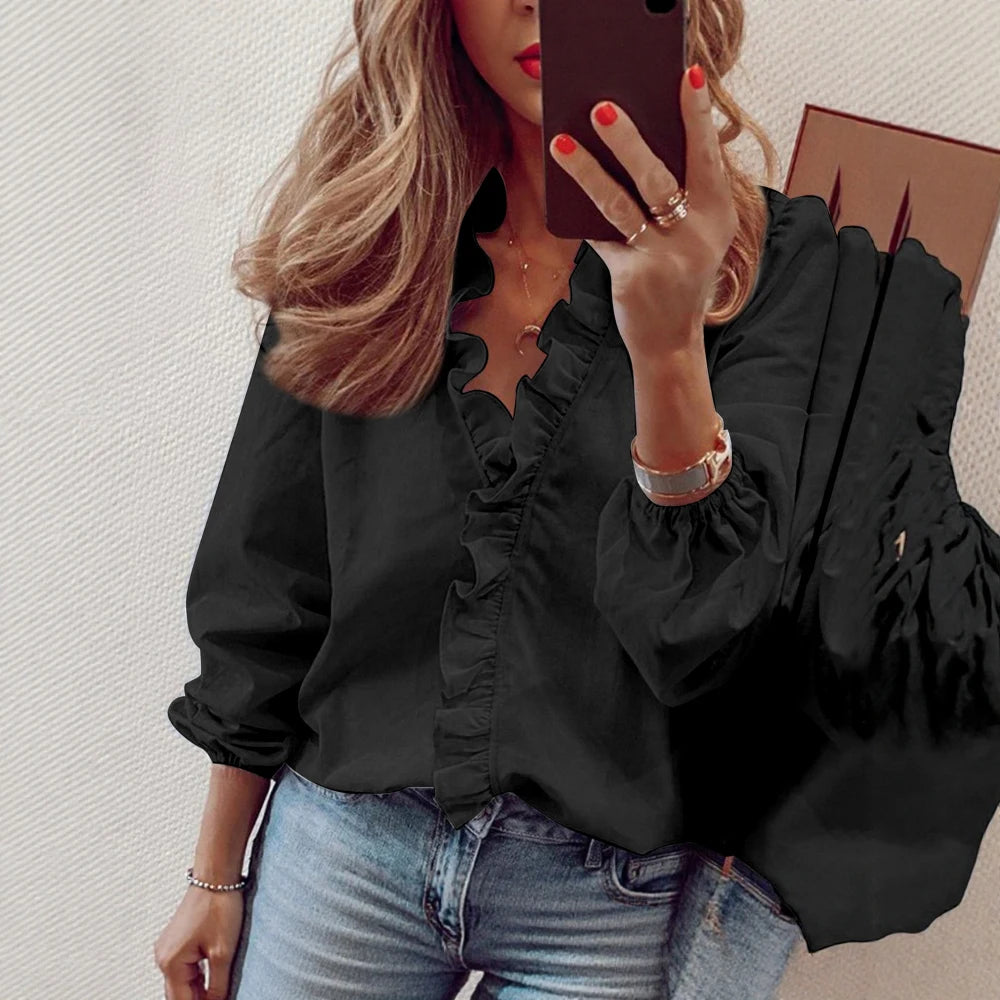 Women‘s Daily Blouses 2025 Autumn Collection Flounce Accent V-Neck Top with Delicate Puff Sleeves for Sweet Moments