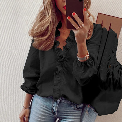 Women‘s Daily Blouses 2025 Autumn Collection Flounce Accent V-Neck Top with Delicate Puff Sleeves for Sweet Moments
