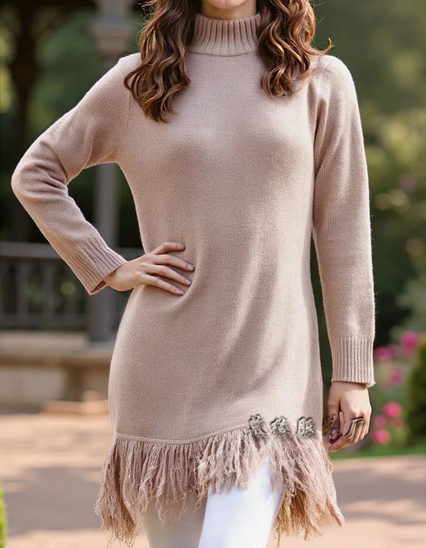 Knitted Dresses 2025 Woman High Neck Vestidos Tassel Sweater Pulls Femmes Keep Warm Homewear Solid Color Temperament Commuting