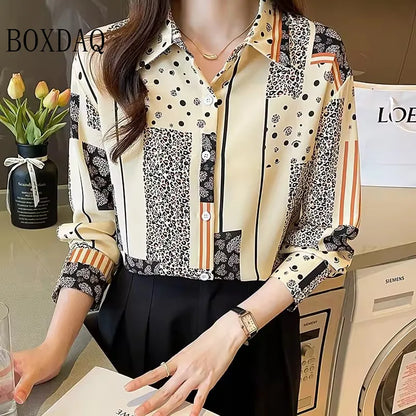 Fashion Woman Blouses 2025 Autumn Shirts For Women Abstract Striped Basic Womens Tops Luxury Women's Lapel Blouses Print Elegant
