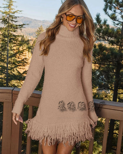 Knitted Dresses 2025 Woman High Neck Vestidos Tassel Sweater Pulls Femmes Keep Warm Homewear Solid Color Temperament Commuting