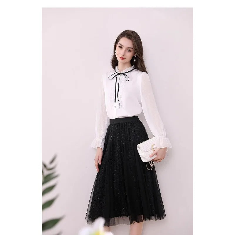 Women's Clothing Long-sleeved Chiffon Shirt Stand-up Collar French Tie High-end New Style Shirt Lace-up Top