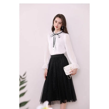 Women's Clothing Long-sleeved Chiffon Shirt Stand-up Collar French Tie High-end New Style Shirt Lace-up Top