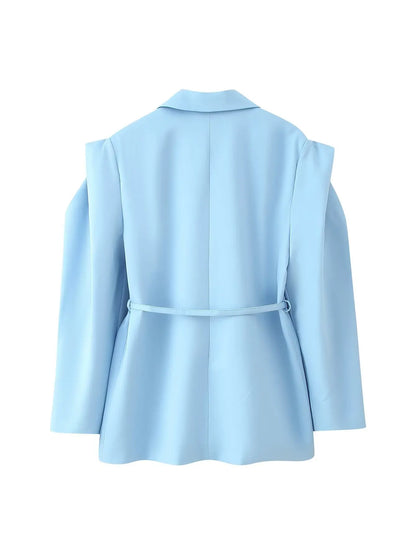 HH Woman's 2025 Autumn Fashion Long Sleeve Lapel Wide Shoulder Blazer Jacket Female Lace-up Single Buckle Exaggerated Coat