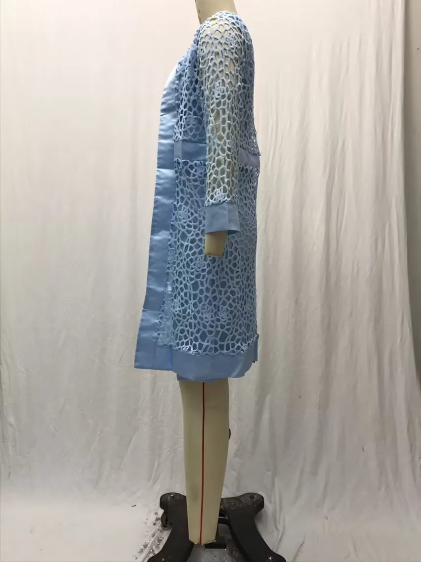 Wein Lace Cardigan Dress with Two Coats Lady Female Woman Skirt Dresses Coat Set Suit Hollow Out Cotton and Linen Formal Office