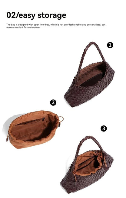 Women Handwoven Shoulder Bag Korean Casual Trendy Large Capacity Handbag Soft PU Leather Ladies Tote Bag Summer Underarm Bags