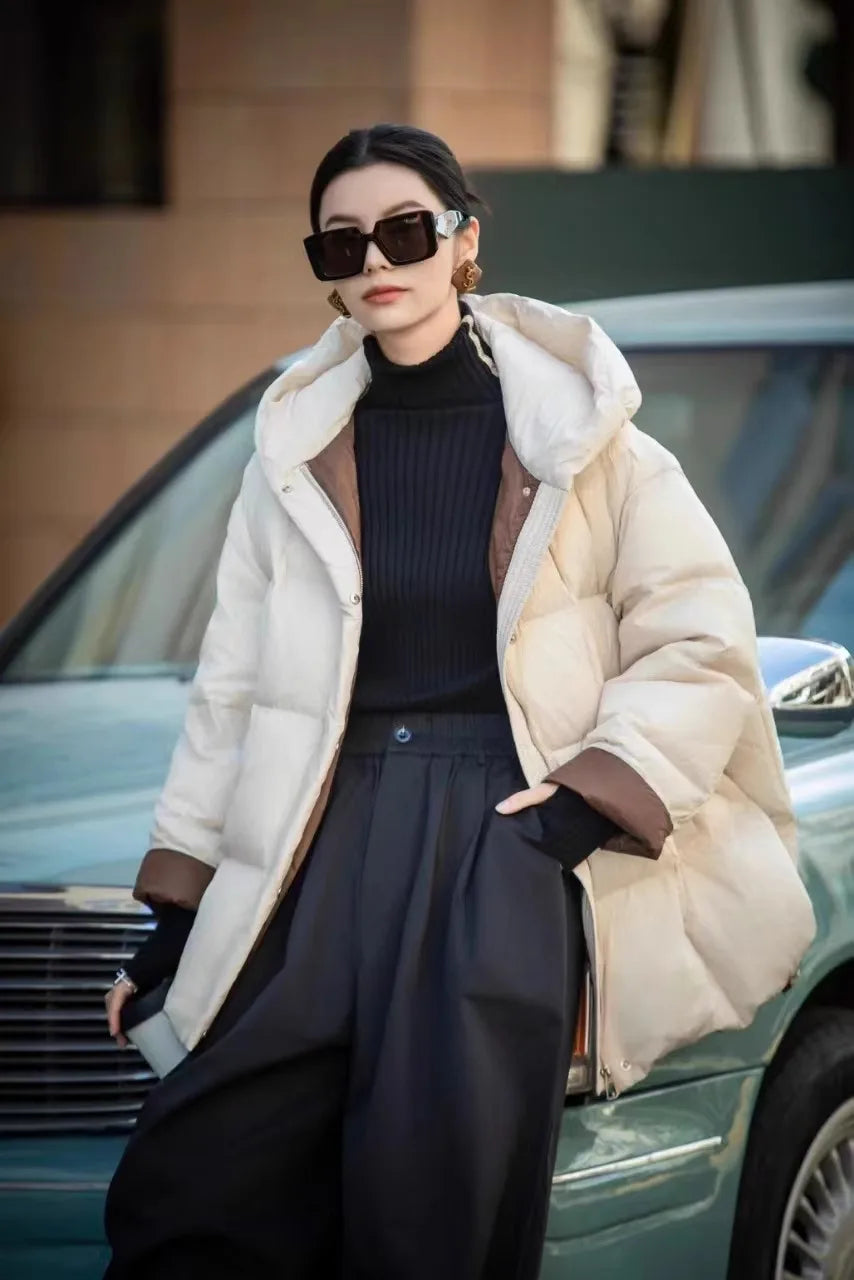 Winter Clothes for Women Fashion Color Collision Thickened Warm Puffer Jacket Casual Loose Hooded White Duck Down Jacket
