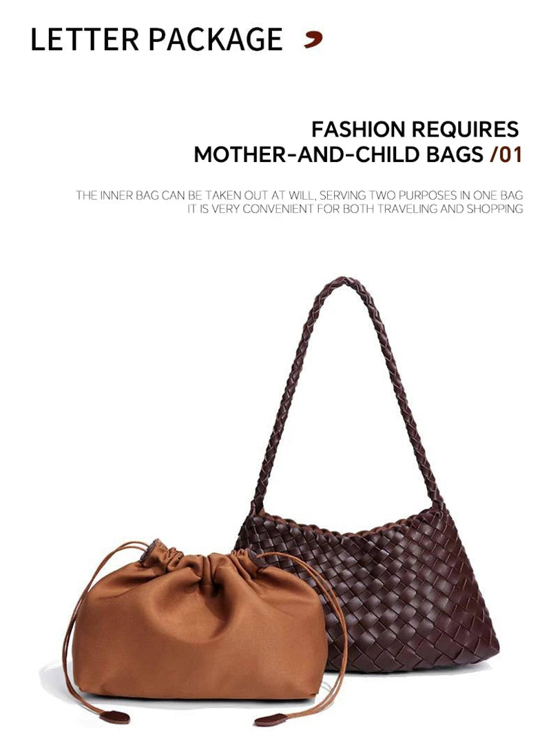 Women Handwoven Shoulder Bag Korean Casual Trendy Large Capacity Handbag Soft PU Leather Ladies Tote Bag Summer Underarm Bags