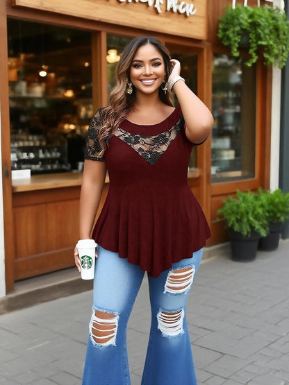 Women’s Plus Size Lace Panel Tunic Top,Short Sleeve Asymmetric Hem Flowy Blouse for Casual, Work, or Date Night Outfits
