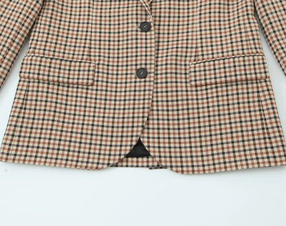 Woman Office Lady Suit Plaid Jacket Chic Autumn Khaki Plaid WomanSingle Breasted Blazer+Straight Long Pants Vintage Fashion