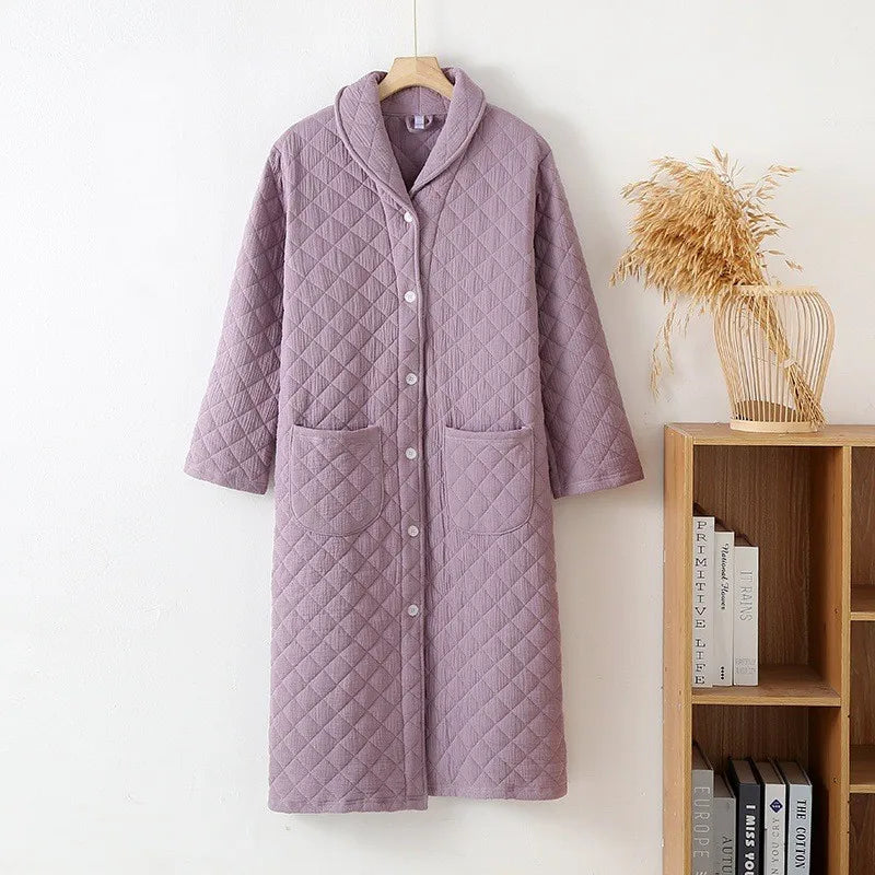 Autumn Winter Women Warm Cotton with Filler Robe Ladies Bathrobe Female Long Sleeve Dressing Gown Robes Simple Home Clothes