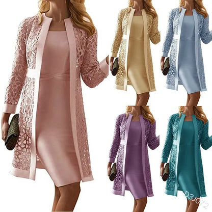 Wein Lace Cardigan Dress with Two Coats Lady Female Woman Skirt Dresses Coat Set Suit Hollow Out Cotton and Linen Formal Office