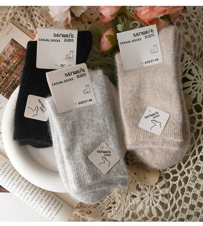 Wool Socks for Women Autumn Winter Medium Tube Socks Thickened with Wool Warm Rabbit Hair Socks Winter Black Cashmere Stockings
