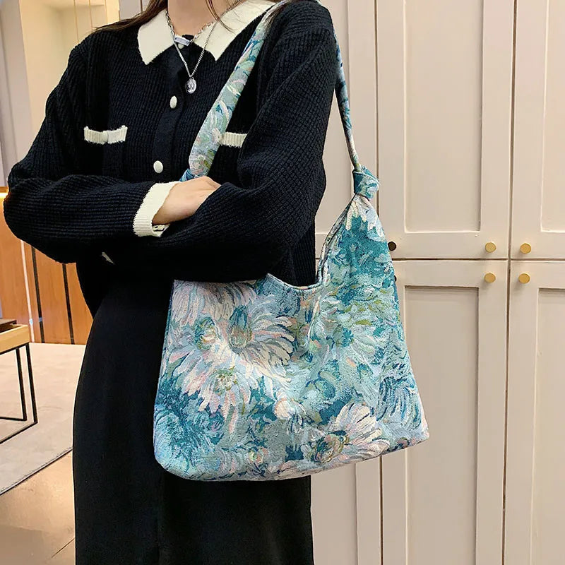 New Large Capacity Women's Handbag Fashion Printing Underarm Bag Retro Leisure Waterproof Shoulder Bag Women Canvas Shopping Bag