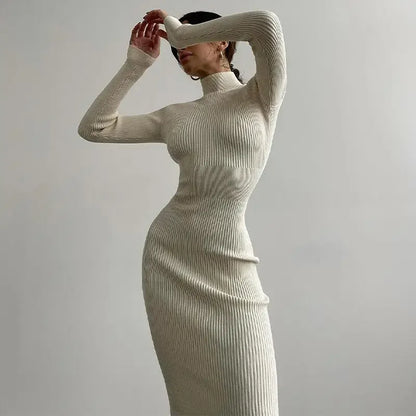 Women Knitted Dress Elegant Fashion White Turtleneck Bodycon Midi Dresses Female Autumn Winter Long Sleeve Slim Streetwear Dress