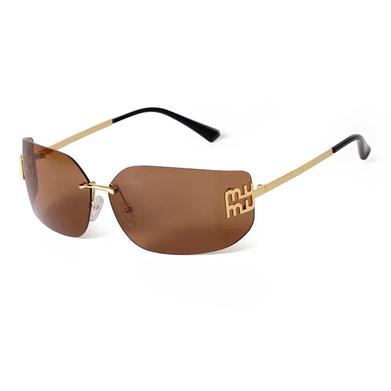 Luxury Metal Rimless Sunglasses Women Brand Design Rivets Letter Rectangle Curved Shades Funky Classic Sun Glasses Female