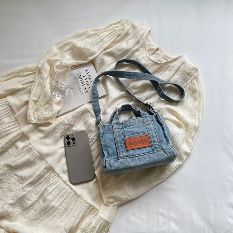 1 solid color denim handbag ladies shoulder bag suitable for girls, ladies, college students, newcomers and white-collar workers