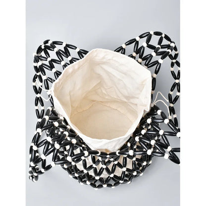 Women Woven Hand Bag Summer Design Hollow-out Wooden Bead Tote Bucket Shoulder Bag Female Reticulate Netted Canvas Beach Handbag